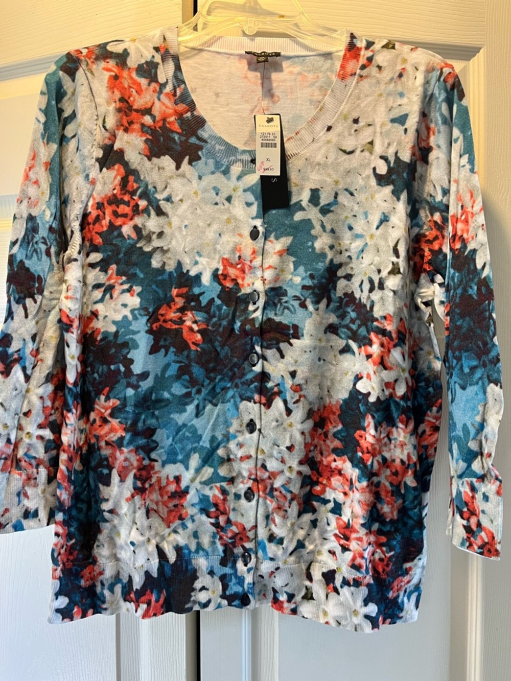 Talbots Teal Blue/Coral/White Floral Button-Front Three-Quarter Sleeve Cardigan.